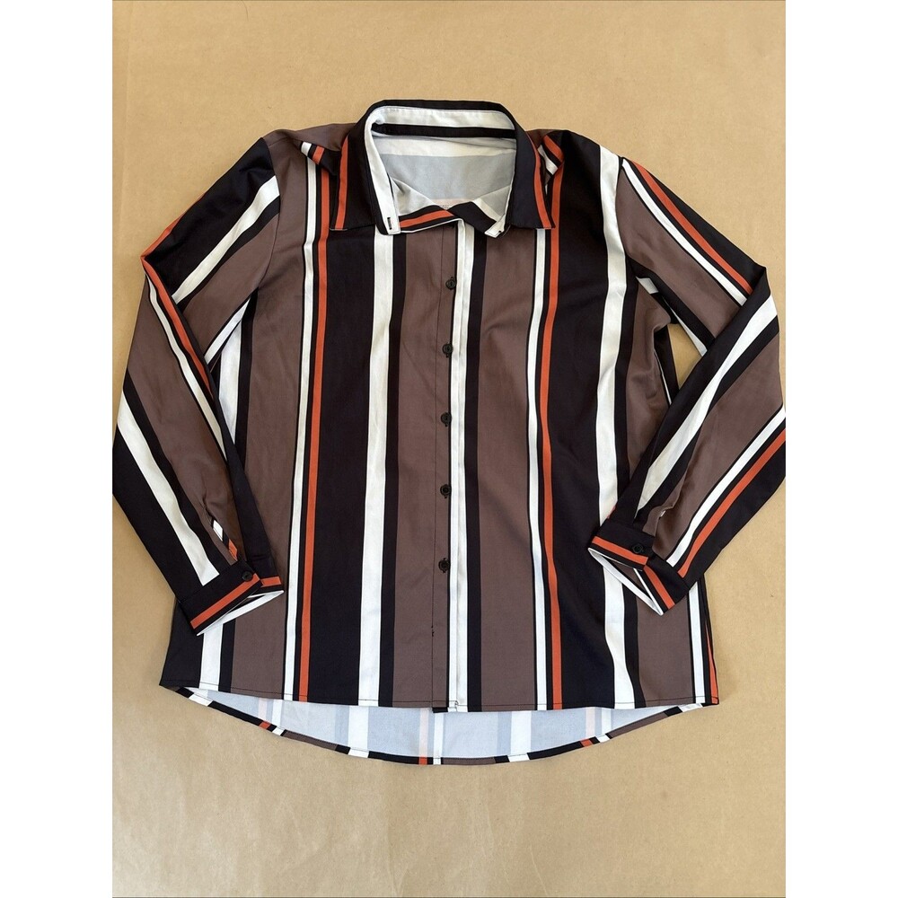 Brown & Black Striped Button Up Top Size XL Long Sleeve Shirt Preppy Corporate